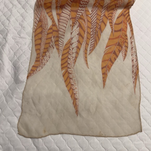 Anne Klein Silk? Scarf Long Slim Rectangle Lightweight Orange Leaves Feathers - Picture 9 of 11